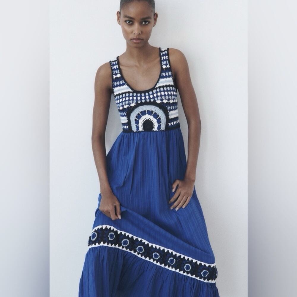 Zara Maxi Dress Size Small Blue Crochet Bodice Guazy colorful